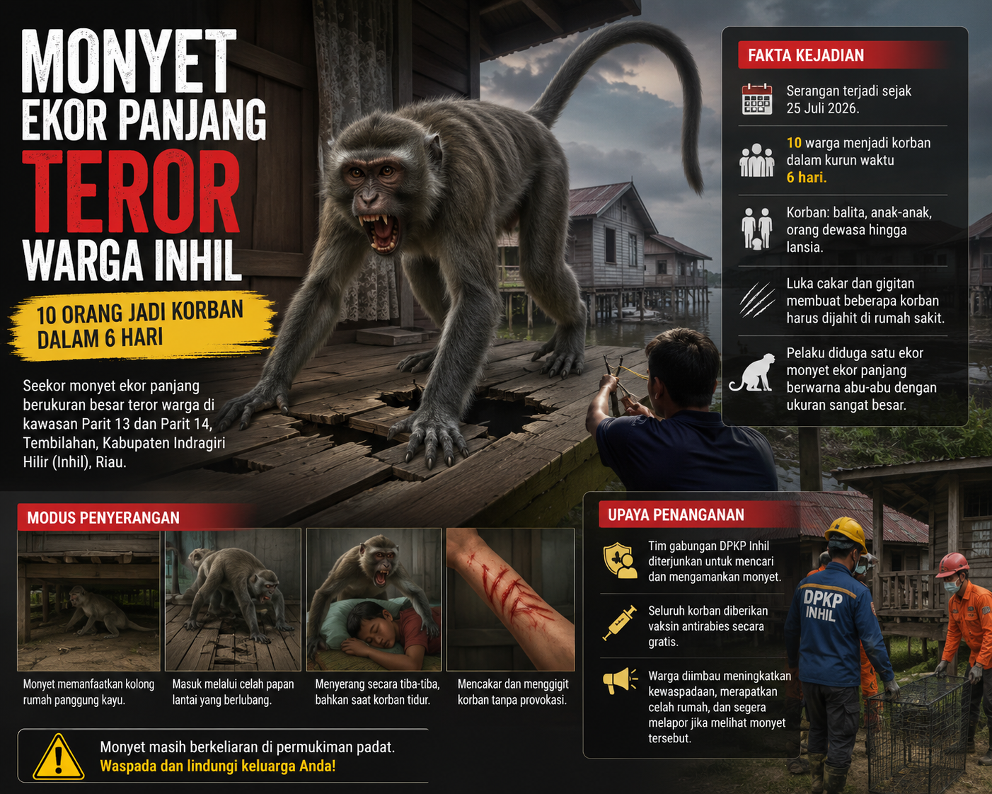 Monyet Ekor Panjang Teror Warga Tembilahan, 10 Orang Jadi Korban